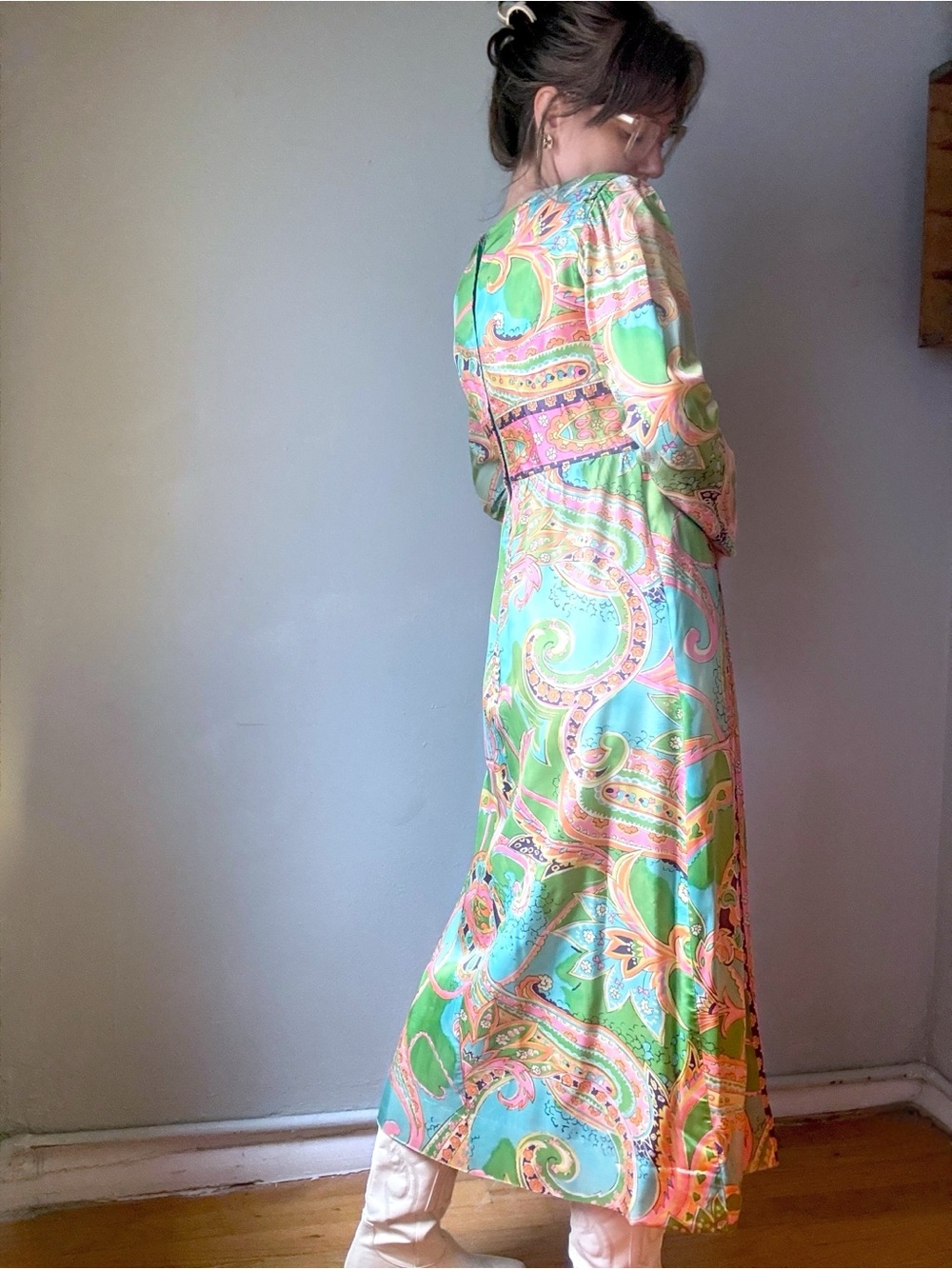 Vintage 60s Psychedelic Maxi Dress | Mod Paisley Empire Waist Gown | Size M - Picture 4 of 12